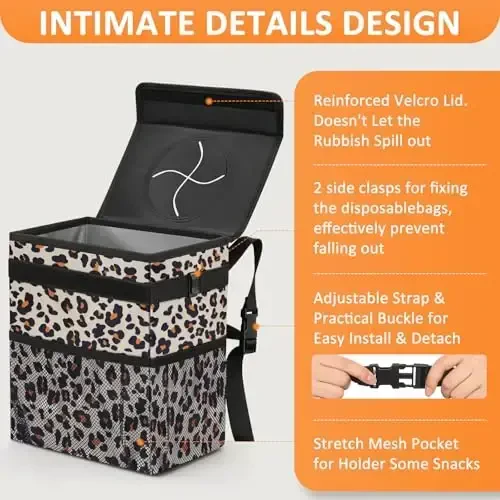 Vankor 3 Gallons Cute Car Trash Can, Car Accessories for Interior Leak Proof Can Trash Bag Hanging Waterproof Automotive Vehicle Garbage Cans Leopard Print Pattern - 4