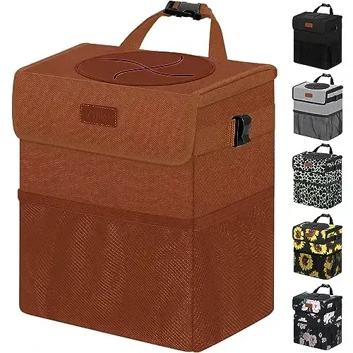 Vankor Car Trash Can, Brown, 2.2 Gallons Capacity, Waterproof, Polyester Material, Adjustable Strap, Hanging Design, Leakproof Lining, 100% PEVA Thickness - VANKOR