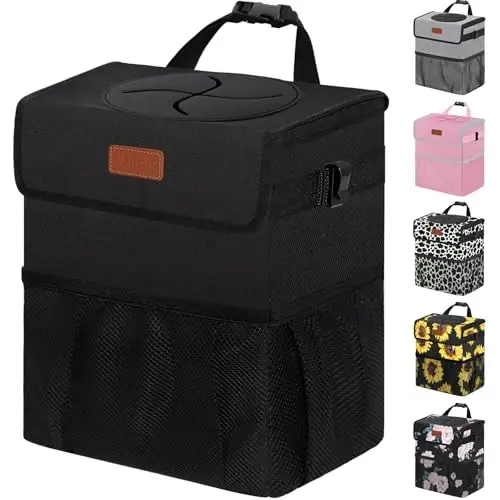 Vankor Car Trash Can Bin with Lid Hanging for Back Seat, Car Accessories for Women Men Leak Proof Automotive Garbage Cans Leakproof Vehicle Trash Can for Truck SUV Black 
