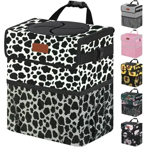 Vankor Car Trash Can for Car Cute,Bag Bin Hanging Waterproof Automotive Garbage Cans Leak Proof Vehicle Trash Can Cow Print - VANKOR