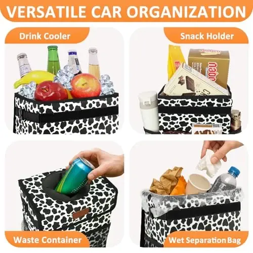 Vankor Car Trash Can with Lid Leak Proof Car Accessories for Women | 2.2 Gallon Cute Hanging Car Trash Bin for Men Car Truck Vehicle Sedan SUV Interior Automotive Garbage Cans, Cow Print 