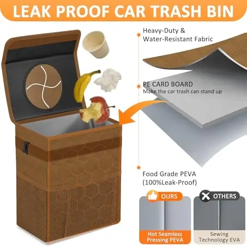 Vankor Car Trash Can for Cute, Bag Bin Hanging Waterproof Automotive Car Garbage Cans Leak Proof Vehicle Trash Can Diamond Pattern-Brown - 3