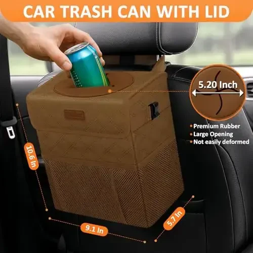 Vankor Car Trash Can for Cute, Bag Bin Hanging Waterproof Automotive Car Garbage Cans Leak Proof Vehicle Trash Can Diamond Pattern-Brown - 2
