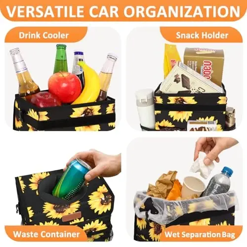 Vankor Car Trash Can with Lid Leak Proof Car Accessories for Women | 2.2 Gallon Cute Hanging Car Trash Bin for Men Car Truck Vehicle Sedan SUV Interior Automotive Garbage Cans, Sunflower - 1