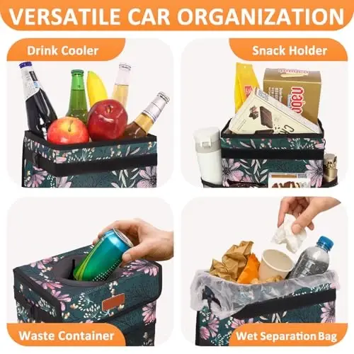 Vankor Car Trash Can with Lid Leak Proof Car Accessories for Women | 2.2 Gallon Cute Hanging Car Trash Bin for Men Car Truck Vehicle Sedan SUV Interior Automotive Garbage Cans, Navy Floral 