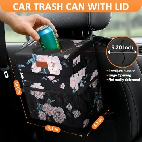 Vankor Car Trash Can for Car Cute,Bag Bin Hanging Waterproof Automotive Garbage Cans Leak Proof Vehicle Trash Can Black Floral - VANKOR (1)