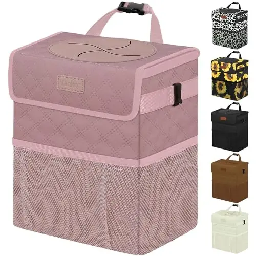 Vankor Car Trash Can Cute Trash Bag Bin Hanging Waterproof Automotive Garbage Cans Leak Proof Vehicle Trash Can Diamond Pattern-Pink - VANKOR
