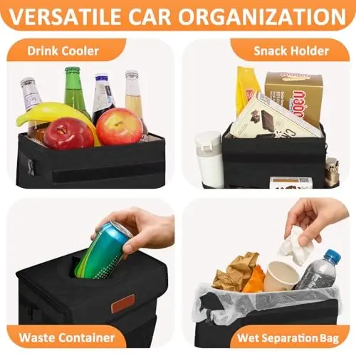 Vankor Car Trash Can with Lid Leak Proof Car Accessories for Women | 2.2 Gallon Cute Hanging Car Trash Bin for Men Car Truck Vehicle Sedan Interior Automotive Garbage Cans, Black Quilted - 1