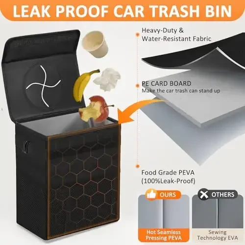 Vankor Car Trash Can for Cute, Bag Bin Hanging Waterproof Automotive Car Garbage Cans Leak Proof Vehicle Trash Can Diamond Pattern-Black - 3