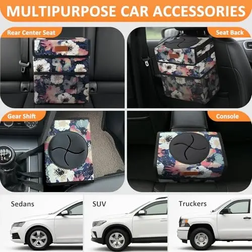 Vankor Car Trash Can for Car Cute, Trash Bag Bin Hanging Waterproof Automotive Garbage Cans Leak Proof Vehicle Trash Can Painting Floral - 5
