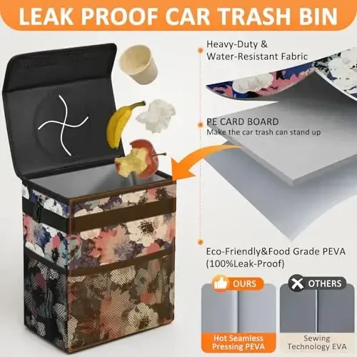 Vankor Car Trash Can for Car Cute, Trash Bag Bin Hanging Waterproof Automotive Garbage Cans Leak Proof Vehicle Trash Can Painting Floral - 3