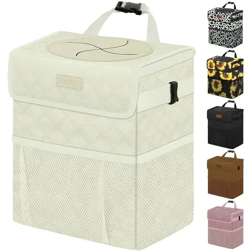 Vankor White Car Trash Can Cute, White Car Accessories for Women Waterproof Automotive Garbage Cans Leak Proof Vehicle Trash Can Diamond Pattern-Beige - 1