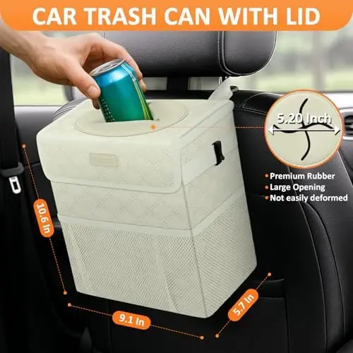 Vankor White Car Trash Can Cute, White Car Accessories for Women Waterproof Automotive Garbage Cans Leak Proof Vehicle Trash Can Diamond Pattern-Beige - 2