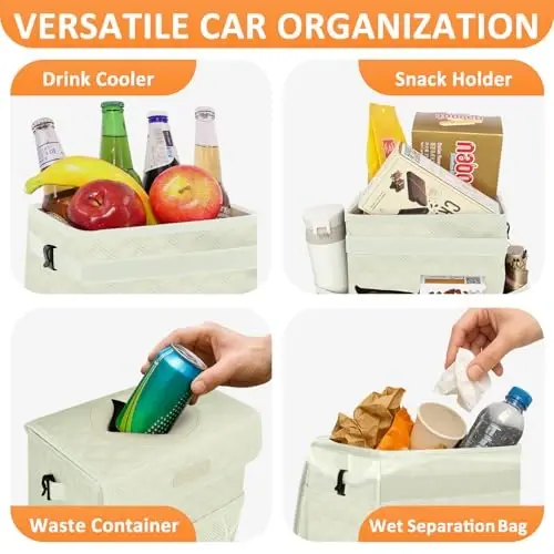 Vankor Car Trash Can with Lid Leak Proof Car Accessories for Women | 2.2 Gallon Cute Hanging Car Trash Bin for Men Car Truck Vehicle Sedan Interior Automotive Garbage Cans, Beige Quilted - 1