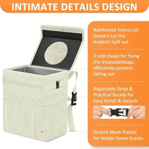 Vankor White Car Trash Can Cute, White Car Accessories for Women Waterproof Automotive Garbage Cans Leak Proof Vehicle Trash Can Diamond Pattern-Beige - 4