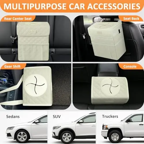 Vankor White Car Trash Can Cute, White Car Accessories for Women Waterproof Automotive Garbage Cans Leak Proof Vehicle Trash Can Diamond Pattern-Beige - 5
