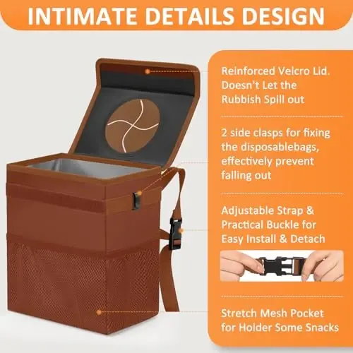 Vankor Car Trash Can, Brown, 2.2 Gallons Capacity, Waterproof, Polyester Material, Adjustable Strap, Hanging Design, Leakproof Lining, 100% PEVA Thickness - 4