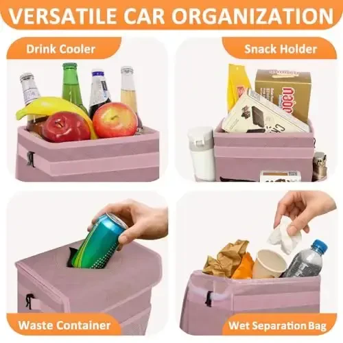 Vankor Car Trash Can Cute Trash Bag Bin Hanging Waterproof Automotive Garbage Cans Leak Proof Vehicle Trash Can Diamond Pattern-Pink - 6