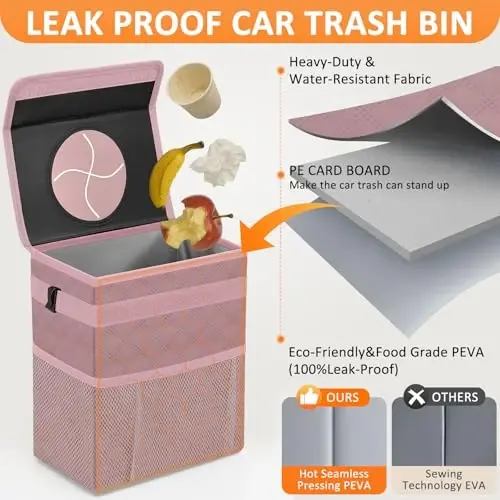 Vankor Car Trash Can Cute Trash Bag Bin Hanging Waterproof Automotive Garbage Cans Leak Proof Vehicle Trash Can Diamond Pattern-Pink - 3