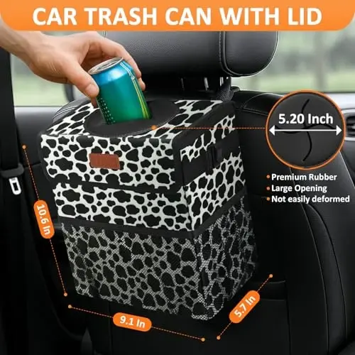 Vankor Car Trash Can for Car Cute,Bag Bin Hanging Waterproof Automotive Garbage Cans Leak Proof Vehicle Trash Can Cow Print - 2