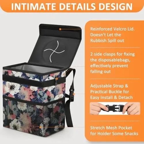 Vankor Car Trash Can for Car Cute, Trash Bag Bin Hanging Waterproof Automotive Garbage Cans Leak Proof Vehicle Trash Can Painting Floral - 4