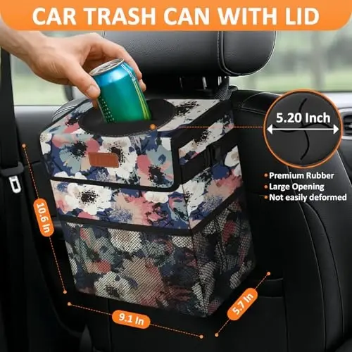 Vankor Car Trash Can for Car Cute, Trash Bag Bin Hanging Waterproof Automotive Garbage Cans Leak Proof Vehicle Trash Can Painting Floral - 2