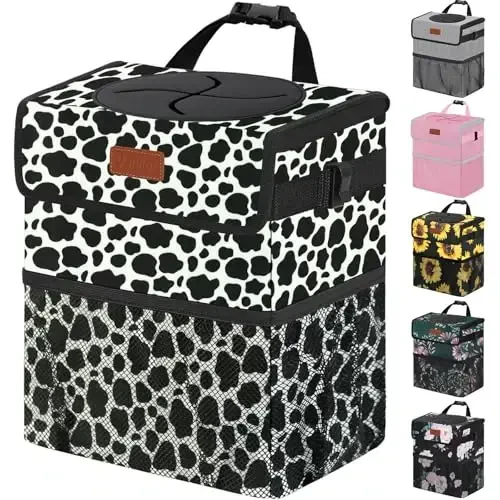 Vankor Car Trash Can for Car Cute,Bag Bin Hanging Waterproof Automotive Garbage Cans Leak Proof Vehicle Trash Can Cow Print 