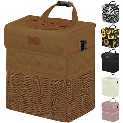 Vankor Car Trash Can for Cute, Bag Bin Hanging Waterproof Automotive Car Garbage Cans Leak Proof Vehicle Trash Can Diamond Pattern-Brown - 1