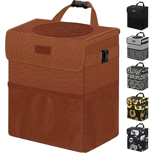 Vankor Car Trash Can, Brown, 2.2 Gallons Capacity, Waterproof, Polyester Material, Adjustable Strap, Hanging Design, Leakproof Lining, 100% PEVA Thickness - 1