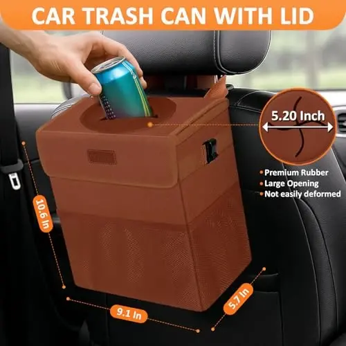 Vankor Car Trash Can, Brown, 2.2 Gallons Capacity, Waterproof, Polyester Material, Adjustable Strap, Hanging Design, Leakproof Lining, 100% PEVA Thickness - 2