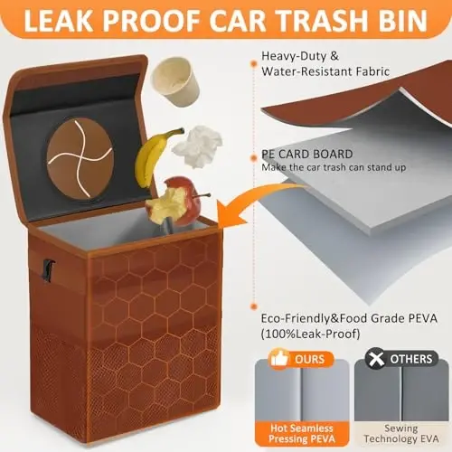 Vankor Car Trash Can, Brown, 2.2 Gallons Capacity, Waterproof, Polyester Material, Adjustable Strap, Hanging Design, Leakproof Lining, 100% PEVA Thickness - 3