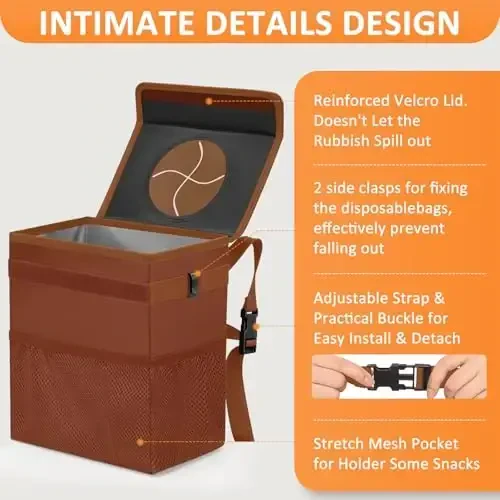 Vankor Car Trash Can, Brown, 2.2 Gallons Capacity, Waterproof, Polyester Material, Adjustable Strap, Hanging Design, Leakproof Lining, 100% PEVA Thickness - 4