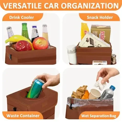 Vankor Car Trash Can, Brown, 2.2 Gallons Capacity, Waterproof, Polyester Material, Adjustable Strap, Hanging Design, Leakproof Lining, 100% PEVA Thickness - 6