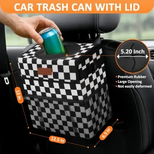 Vankor Car Trash Can with Lid Leak Proof Car Accessories for Women | 3 Gallon Cute Hanging Car Trash Bin for Men Car Truck Auto Interior Automotive Garbage Cans, Black White Checkered - VANKOR (1)