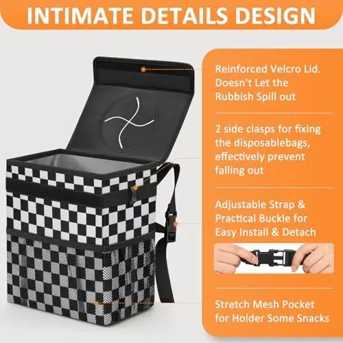 Vankor Car Trash Can with Lid Leak Proof Car Accessories for Women | 3 Gallon Cute Hanging Car Trash Bin for Men Car Truck Auto Interior Automotive Garbage Cans, Black White Checkered - 4