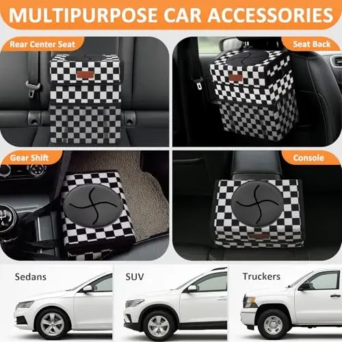 Vankor Car Trash Can with Lid Leak Proof Car Accessories for Women | 3 Gallon Cute Hanging Car Trash Bin for Men Car Truck Auto Interior Automotive Garbage Cans, Black White Checkered - 5