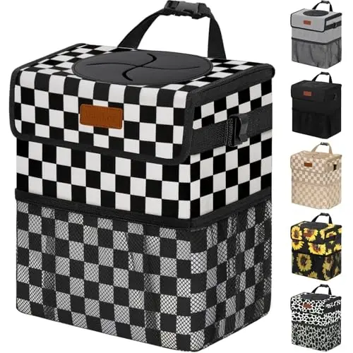Vankor Car Trash Can with Lid Leak Proof Car Accessories for Women | 3 Gallon Cute Hanging Car Trash Bin for Men Car Truck Auto Interior Automotive Garbage Cans, Black White Checkered 