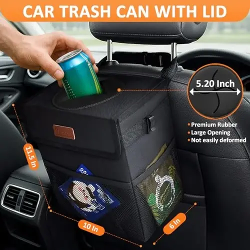 Vankor Car Trash Can with Lid Leak Proof Car Accessories for Women | 3 Gallon Cute Hanging Car Trash Bin for Men Car Truck Vehicle Sedan SUV Interior Automotive Garbage Cans, Black - Vankor (1)