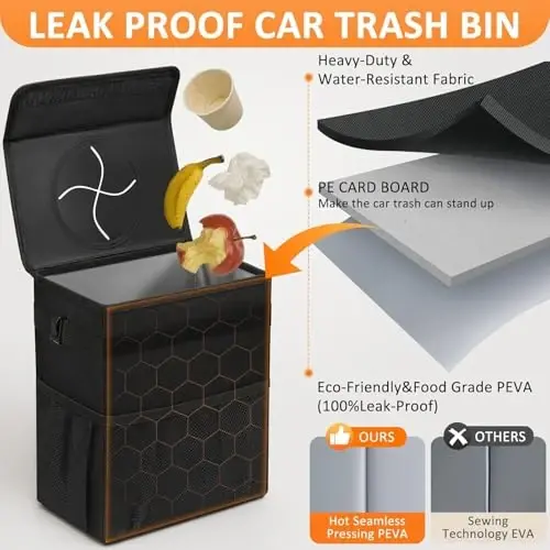 Vankor Car Trash Can with Lid Leak Proof Car Accessories for Women | 3 Gallon Cute Hanging Car Trash Bin for Men Car Truck Vehicle Sedan SUV Interior Automotive Garbage Cans, Black - 3