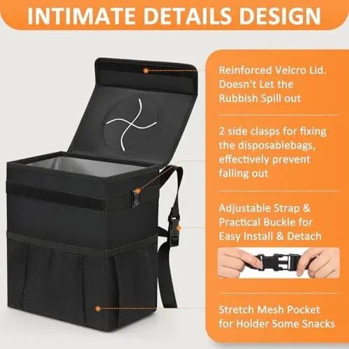 Vankor Car Trash Can with Lid Leak Proof Car Accessories for Women | 3 Gallon Cute Hanging Car Trash Bin for Men Car Truck Vehicle Sedan SUV Interior Automotive Garbage Cans, Black - 4