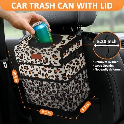 Vankor Cute Car Trash Can, Car Accessories for Women Interior Can Trash Bag Hanging Automotive Garbage Cans Leopard Pattern - 2