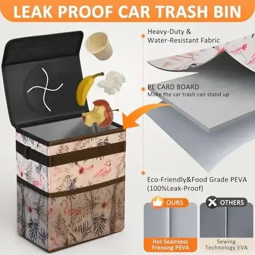 Vankor Cute Car Trash Can, Car Accessories for Women Interior Can Trash Bag Hanging Automotive Garbage Cans Pink Flamingo - 3