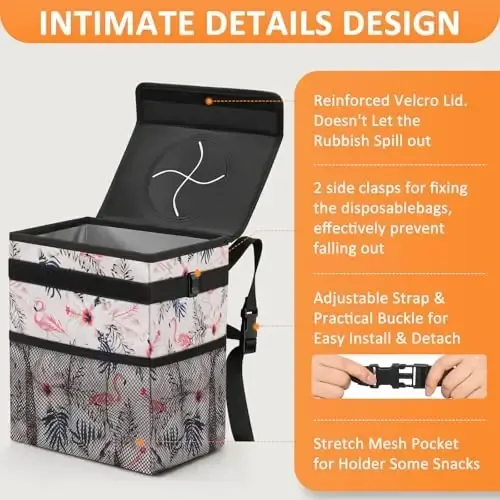 Vankor Cute Car Trash Can, Car Accessories for Women Interior Can Trash Bag Hanging Automotive Garbage Cans Pink Flamingo - 4