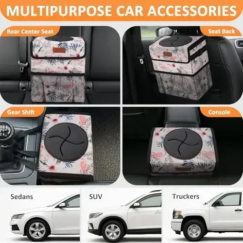 Vankor Cute Car Trash Can, Car Accessories for Women Interior Can Trash Bag Hanging Automotive Garbage Cans Pink Flamingo - 5