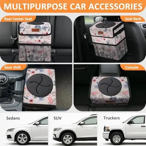 Vankor Cute Car Trash Can, Car Accessories for Women Interior Can Trash Bag Hanging Automotive Garbage Cans Pink Flamingo - 5