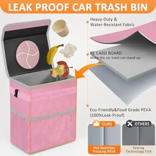 Vankor Pink Car Trash Can Cute, Pink Car Accessories for Women Waterproof Automotive Garbage Cans Leak Proof Vehicle Trash Can - 3