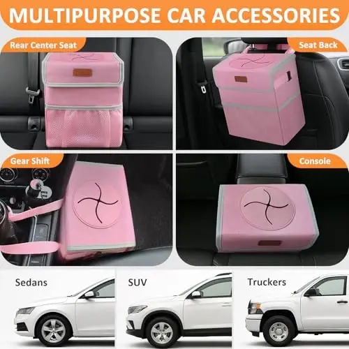 Vankor Pink Car Trash Can Cute, Pink Car Accessories for Women Waterproof Automotive Garbage Cans Leak Proof Vehicle Trash Can - 5