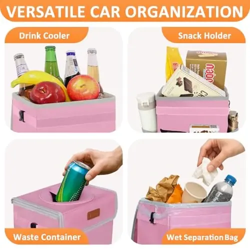 Vankor Car Trash Can with Lid Leak Proof Car Accessories for Women | 2.2 Gallon Cute Hanging Car Trash Bin for Men Car Truck Vehicle Sedan SUV Interior Automotive Garbage Cans, Pink - 1