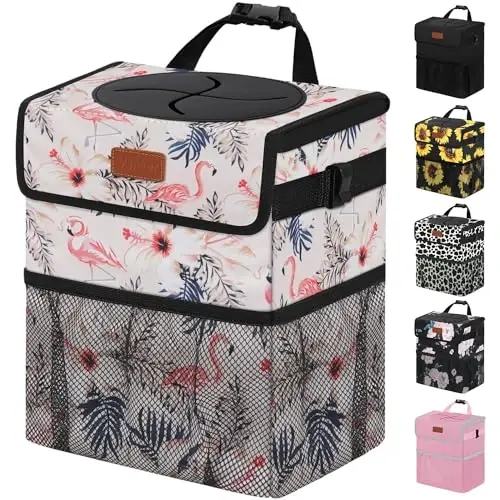 Vankor Cute Car Trash Can, Car Accessories for Women Interior Can Trash Bag Hanging Automotive Garbage Cans Pink Flamingo - VANKOR