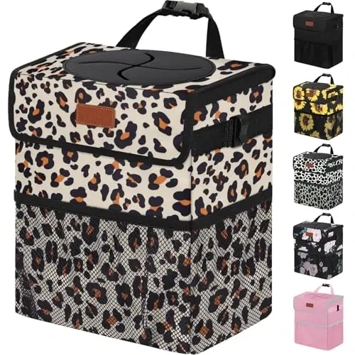 Vankor Cute Car Trash Can, Car Accessories for Women Interior Can Trash Bag Hanging Automotive Garbage Cans Leopard Pattern - VANKOR